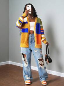 Slaydiva 2025 新款秋冬休闲街头宽松彩色仿貂长袖毛衣女开衫，适合度假、波西米亚风、外出、约会之夜女士、旅行机场、日常、约会、毕业季、返校、通勤、休闲、街头 -A - 彩色 - 查看 9