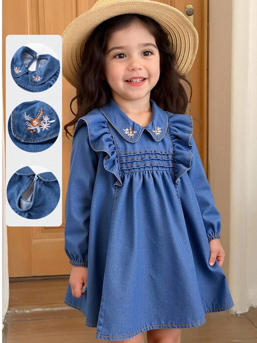 SHEIN Váy denim cho bé gái, thiết kế cổ Peter Pan dễ thương mới, váy denim thêu màu xanh bạc hà. Thoải mái & đa năng, thiết yếu cho trang phục hàng ngày - Rửa trung bình - Xem 1
