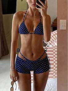 Vaytide Summer New Beach Vacation Party Afternoon Tea Blue & White Polka Dot Micro Triangle High Cut Side Tie Ruched 3 PiecesWomen Swimsuit Set Pokadot Bikini Navy Blue Bikini Set Polka Dot Bathing Suit Polkadot Bikini - Royal Blue - View 3