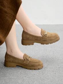 CUCCOO BIZCHIC Khaki Simple Round Toe Wedge Heel Slip-On Flats, Elegant & Casual, Comfortable & Versatile For Work, Commute, And Formal Occasions