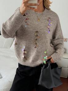 DAZY Sequin Embellished Oversized Sweater For Women, High-End Loose Casual Knit Pullover, Autumn/Winter - Khaki - View 4