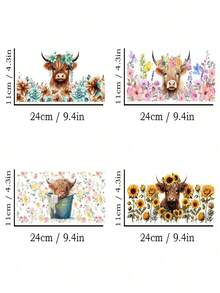 SHEIN Basic living 4Pcs Cute Highland Cow UV DTF Cup Decals - Libbey Glass 16oz Glass Waterproof Transfer Stickers - Fashion DIY Crafting 3D Crystal Labels, Durable Scratch-Resistant DIY Transfer Stickers For Mugs, Iced Coffee Cups, Water Bottles, Furniture, Laptops - High Quality Plastic, 11x24cm/4.3x9.4in