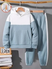 两件套儿童/青少年男童休闲日常舒适撞色拼接连帽卫衣和宽松运动裤套装，适合生日派对、晚宴、演出、婚礼、洗礼、开幕式等场合，日常穿着舒适，适合上学、旅行和运动，秋冬季舒适百搭。 - 彩色 - 查看 3