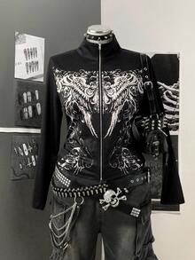 Sunspun Jaqueta plus size feminina com gola alta, estilo punk retrô vanguardista, estampada com strass e decoração frontal, com zíper e capuz, outono/inverno