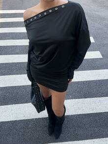 Siren Gaze Vestido mini con manga larga, hombro asimétrico y fruncido para mujer