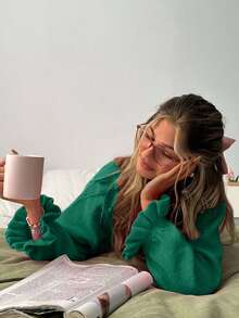 EURMUSE Oversized Casual Soft-Touch Knit Sweater With Ruffled Cuff Sleeves And Crew Neck In Vibrant Emerald Green Lounge Autumn - Green - View 6