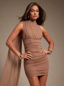 Hauture Sexy One Shoulder Mini Party Dress – High Turtle Neck With Sash Ruched Detail For Night Out & Holiday - Dusty Pink - View 3