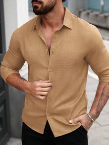 Manfinity CasualCool 男士休闲基础款纯色长袖条纹衬衫，男士纽扣衬衫，米色衬衫，男士休闲衬衫，新款男士秋冬畅销款，百搭纯色酒红色衬衫，棕褐色男士衬衫 - 卡其色 - 查看 5