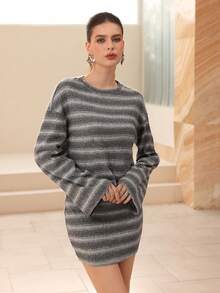 Modelyn 2pcs Set: Dropped Shoulder Round Neck Striped Top And Mini Skirt, Fashionable For Autumn/Winter - Multicolor - View 7