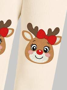 SHEIN 可爱圣诞驯鹿和心形印花女婴休闲宽松圆领柔软针织运动衫和运动裤套装，适合秋冬季、圣诞派对、街头风格、家居服 - 彩色 - 查看 6