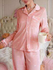 PetitDoll Women's Solid Color Bow Jacquard Velvet Cardigan And Pants Sleepwear Set, Autumn/Winter Soft Pajamas Set Button Up Pajama Set Two Pieces Sleepwear Set Sleep Wear Women 2 Pieces Set Fall Clothes - Pink - View 3