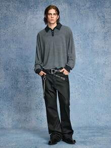ROMWE MEN Casual 男士落肩长袖半扣撞色宽松舒适套头卫衣 - 深灰色 - 查看 7