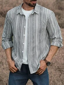 Manfinity Homme Men's Casual Commuter Striped Long Sleeve Shirt, Fall - Multicolor - View 4