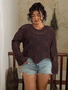 Suéter casual solto com decote redondo e manga comprida plus size feminino - Marrom Chocolate - Ver 3