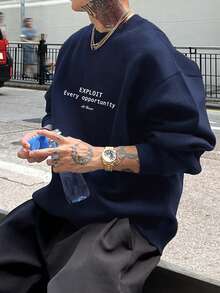 DAZY 男士字母印花圆领套头衫，海军蓝，秋冬 - 藏蓝色 - 查看 6