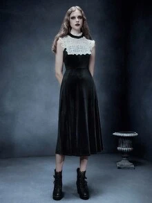 Glisette Solid Color Velvet Midi Dress With High Collar, Lace Trim, Suitable For Daily Wear And Travel - Black - View 4