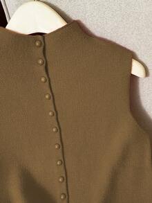 Franclia 休闲宽松高领无袖针织纽扣设计红色女式毛衣上衣，春秋 - 卡其色 - 查看 3