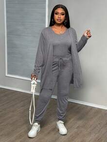 Slaydiva Bộ 3 món áo vest + quần + áo khoác thanh lịch, thoải mái, cỡ lớn thời trang thu đông - Màu Xám nhạt - Xem 3