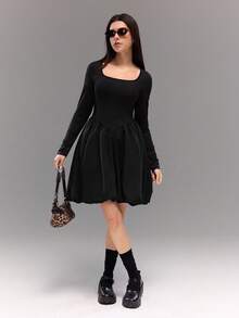 Teenage Girls Casual Street Style Patchwork Sheer Party Snug Fit Floral Mini Dress, Suitable For Halloween, Christmas, Party - Black - View 4
