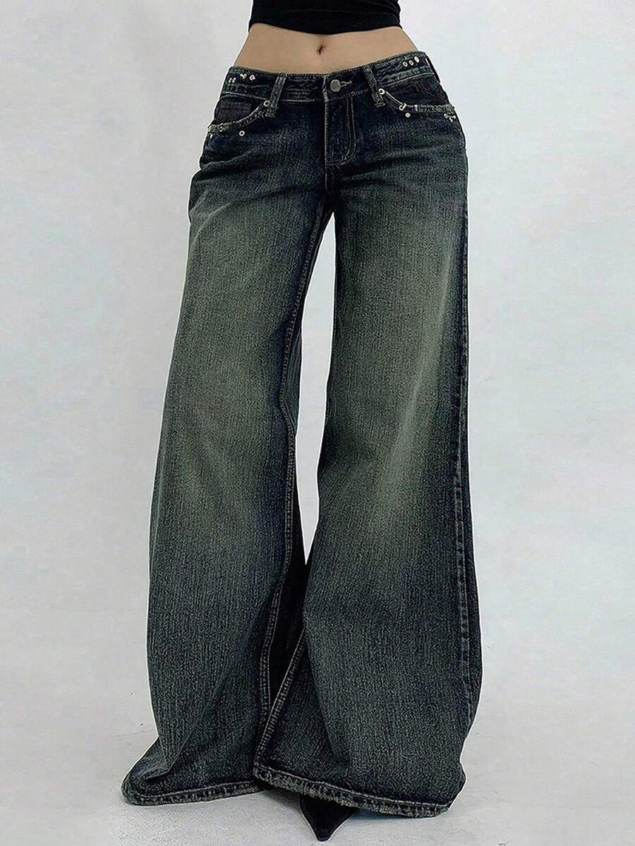 DAZY Quần jeans nữ ống rộng dáng suông có túi, phong cách thường ngày đa năng Y2K - Rửa trung bình - Xem 1