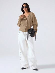 LYSMO Áo khoác len cardigan tay dài, cài khuy đơn, màu kaki thường ngày, trễ vai, màu kaki ngắn, cài nút mùa thu, áo len cardigan cài nút - Màu Khaki - Xem 6