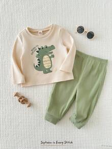 Cozy Pixies 2pcs Baby Boy Cartoon Dinosaur Contrast Color Crew Neck Long Sleeve Pullover Top And Elastic Waist Pants Set, Thermal Lined, Suitable For Winter Baby Boy Clothes Long Sleeve Neutral Baby Clothes Unisex 2026 Dinosaur Baby Boys Outfit Baby Casual Sets