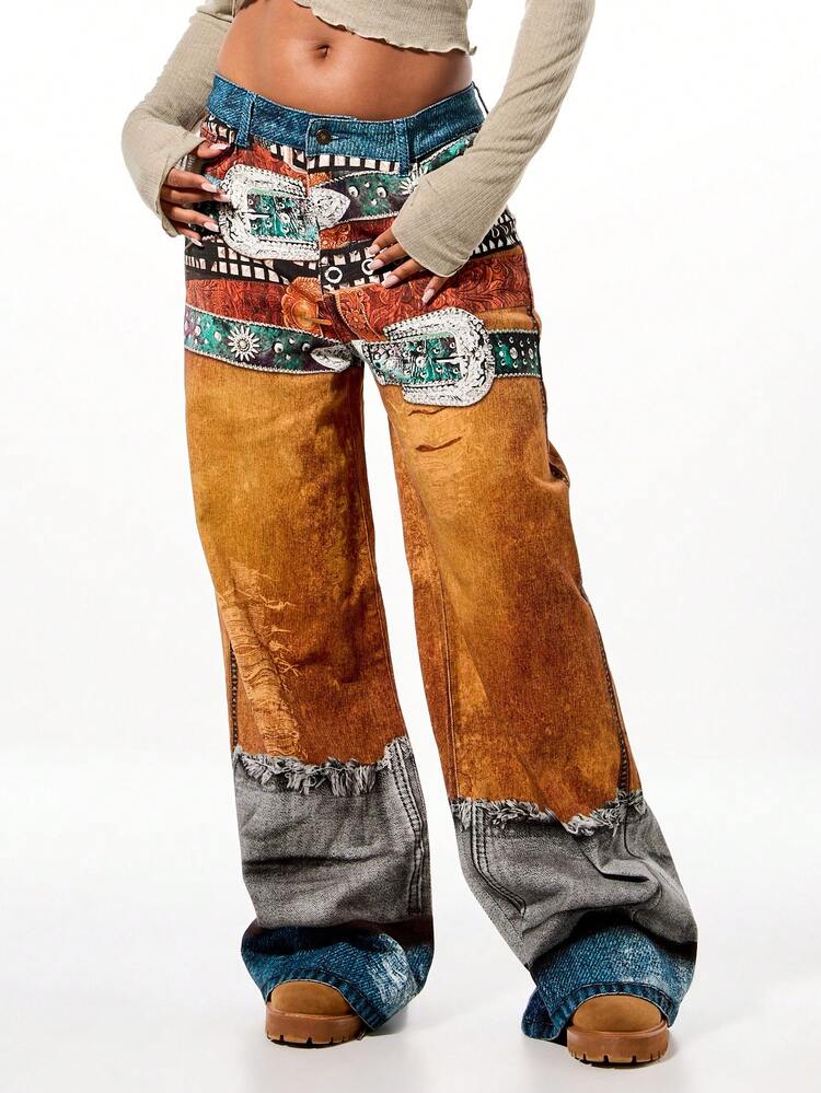 SUMWON WOMEN Patchwork Wide Leg Jeans With Western Print