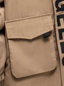 SHEIN Tween Boys' Casual Letter Graphic Thermal Lined Thick Hooded Jacket, Suitable For School, Garden, Beach, Birthday, Autumn/Winter - Khaki - View 4