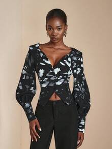 JIAN LASALA Camicetta donna casual a maniche lunghe con stampa all-over, abbottonatura frontale, vita stretta, scollo a V profondo, collezione di abbigliamento elegante e di lusso, top con grafica raffinata per l'autunno