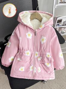 Elladie kids Abrigo acolchado con capucha con cremallera para niñas jóvenes en invierno, abrigo acolchado con bolsillo en la cintura, estampado floral grueso y elegante - Rosa - Ver 3