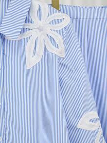 Randig långärmad skjorta och minikjol med blommönster för tonårsflickor, avslappnad outfit - Blått och Vitt - Visa 6