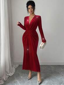 Rafferiza Váy cưới dự tiệc sang trọng thanh lịch, màu đỏ tía gợi cảm cho dịp cưới Giáng sinh, váy thu đông duyên dáng - Màu Đỏ Sâu - Xem 6