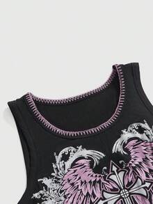 ROMWE Áo hai dây cổ tròn in hình cánh và chữ thập thời trang nữ, mùa hè - màu đen - Xem 3