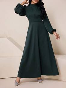 Veilorie 女士优雅褶皱腰灯笼袖翻领连衣裙，纯色，适合春秋季节 - 墨綠色 - 查看 7