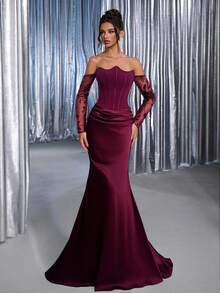 Glamrae Elegant Pink Strapless Asymmetric Neckline(Detachable)Luxurious Mesh Sequin Long Sleeve Ruched Satin Mermaid Tail Gown For Wedding Evening Party - Burgundy - View 4