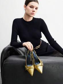 CUCCOO BIZCHIC Tacones de aguja de tacón de gatito con correa trasera dorada para mujer, versátiles para el uso diario, fiestas, uso casual y trabajo