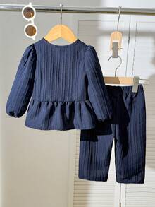 SHEIN Playful Pals Baby Girl Spring/Autumn Back To School Casual Fashion 2-Piece Set, Navy Blue Solid Color Shirt With Ruffle Hem And Wave Texture Fabric Paired With Navy Blue Casual Pants, Cute And Simple Outfit For Daily Outings And Photo Shoots Fall Winter - Royal Blue - View 2