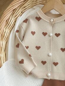 SHEIN Baby Girl Heart Pattern Long Sleeve Button-Up Knit Cardigan And Knit Pants Set Autumn Winter Clothes For Women