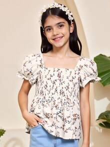 Tween Girl Floral Print Shirred Puff Sleeve Peplum Blouse - Beige - View 1