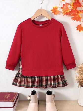 Girls (Small) Dress, 250g Casual Long Sleeve Sweatshirt With Plaid Skirt Hem, School Style Girls Dress & Ribbed Collar Plaid Hem Patchwork Long Sleeve Sweatshirt Dress, Spring/Autumn