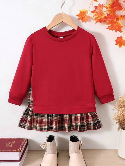 Elladie kids 女童连衣裙，250克休闲长袖卫衣，格子裙摆，学院风女童连衣裙，罗纹领格子下摆拼接长袖卫衣裙，春秋季