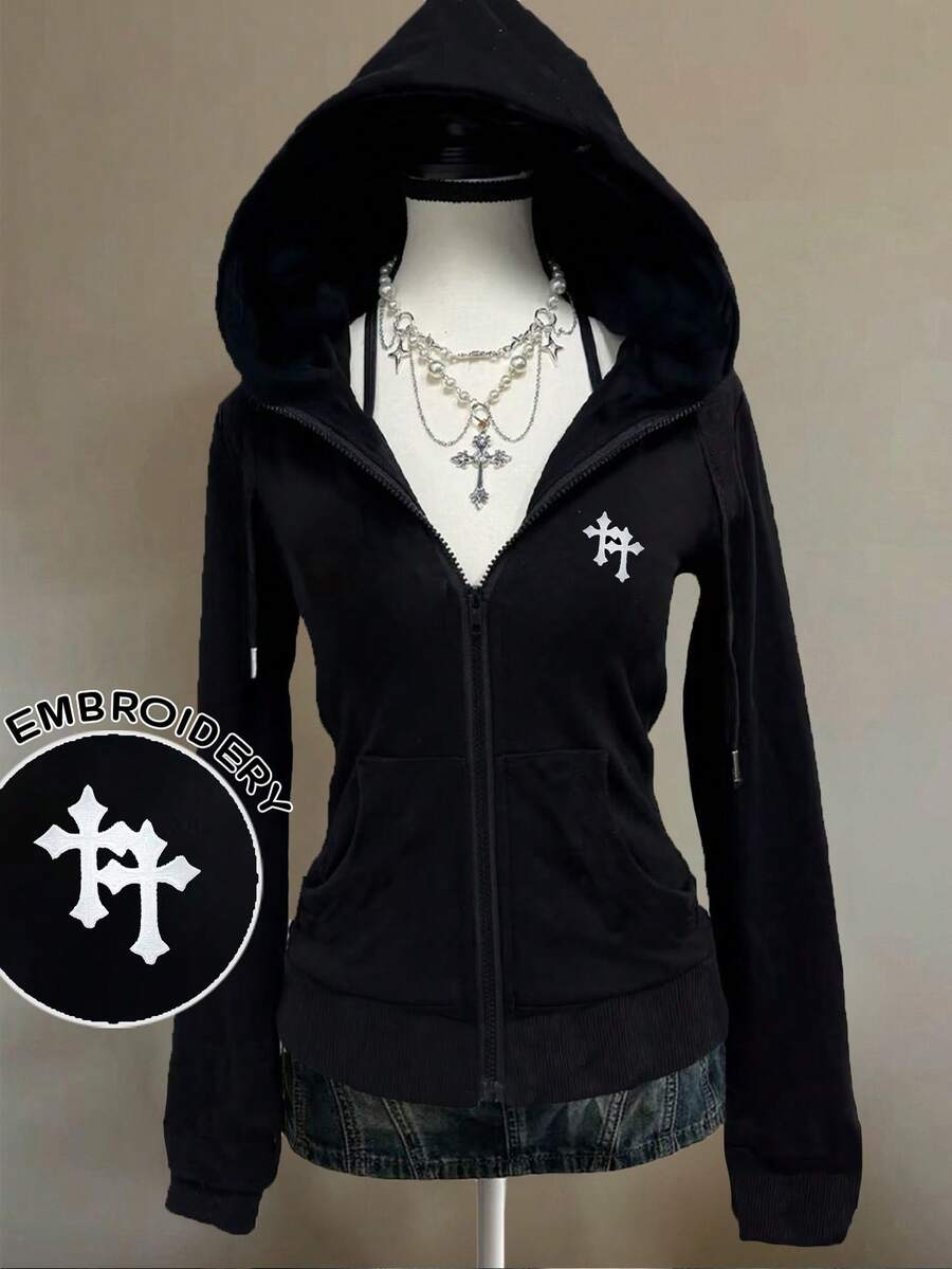 Attitoon Sudadera holgada con apertura frontal, bordado de cruz, estilo vintage punk Y2K casual para mujer, cálida y cómoda para otoño/invierno