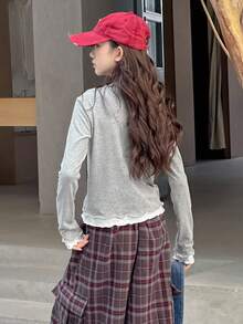 DAZY Teen Girl Basic Layering T-Shirt With Frill Trim Design, Autumn - Grey - View 5