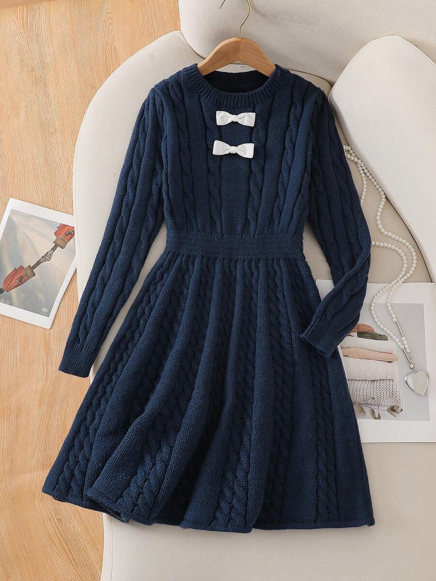 Tween Girls Sweater Dresses, Fashion Elegant Cute Bow Puff Sleeve Pullover Short Dress Girls Navy Blue Dress Girls Winter Dress Long Sleeve Knitted Dress Tween Elegant Dark Blue Dress Girls Cable Knit Dress