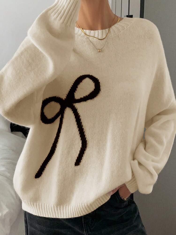 Cream-White Bow Knitted Sweater For Women, Loose Vintage Style, Autumn/Winter