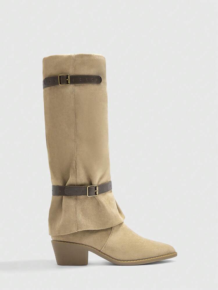 CUCCOO BIZCHIC High-Quality Camel Buckle Ankle Boots, Pointed Toe Chunky Heel Elegant Women's Boots, Fashionable Versatile New Style Boots, Showcasing Feminine Charm And Elegant