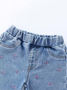 Infant Girls' Jeans, Toddler Girls' Casual Jeans With Cute Butterfly Applique And Embroidery Design, Mid-Waist Slim Fit Blue Denim Pants, Suitable For Infant, Jeans With Bow, Y2K Style Jeans, New Autumn/Winter 2025 - Blue - View 4