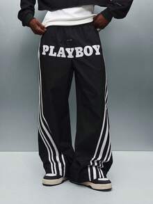PLAYBOY X SUMWON 阔腿运动裤，带侧条纹和品牌标志印花，适合休闲街头服饰冬季舒适家居服 - 黑色 - 查看 1