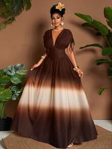 Eryvara Đầm maxi chữ A thắt nơ cổ chữ V họa tiết ombre lãng mạn thanh lịch dành cho nữ, thiết kế đa năng cho các buổi đi chơi, bãi biển, lễ hội âm nhạc, trang phục dự tiệc cưới tốt nghiệp cho khách mời, phong cách công sở thường ngày Boho, thắt nơ eo đàn hồi, du lịch nghỉ dưỡng, váy maxi chữ A mùa xuân/hè/thu - Cà phê - Xem 4