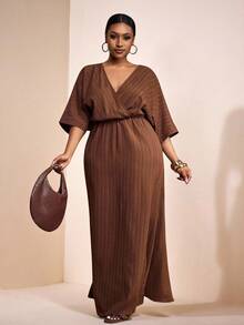 Veslaya Plus Size Women's Solid Color Overlap V-Neck Batwing Sleeve Casual Dress